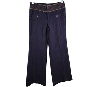 Anthropologie Idra Womens Purple Linen Boho Embellished  Wide Leg Pants Size 8